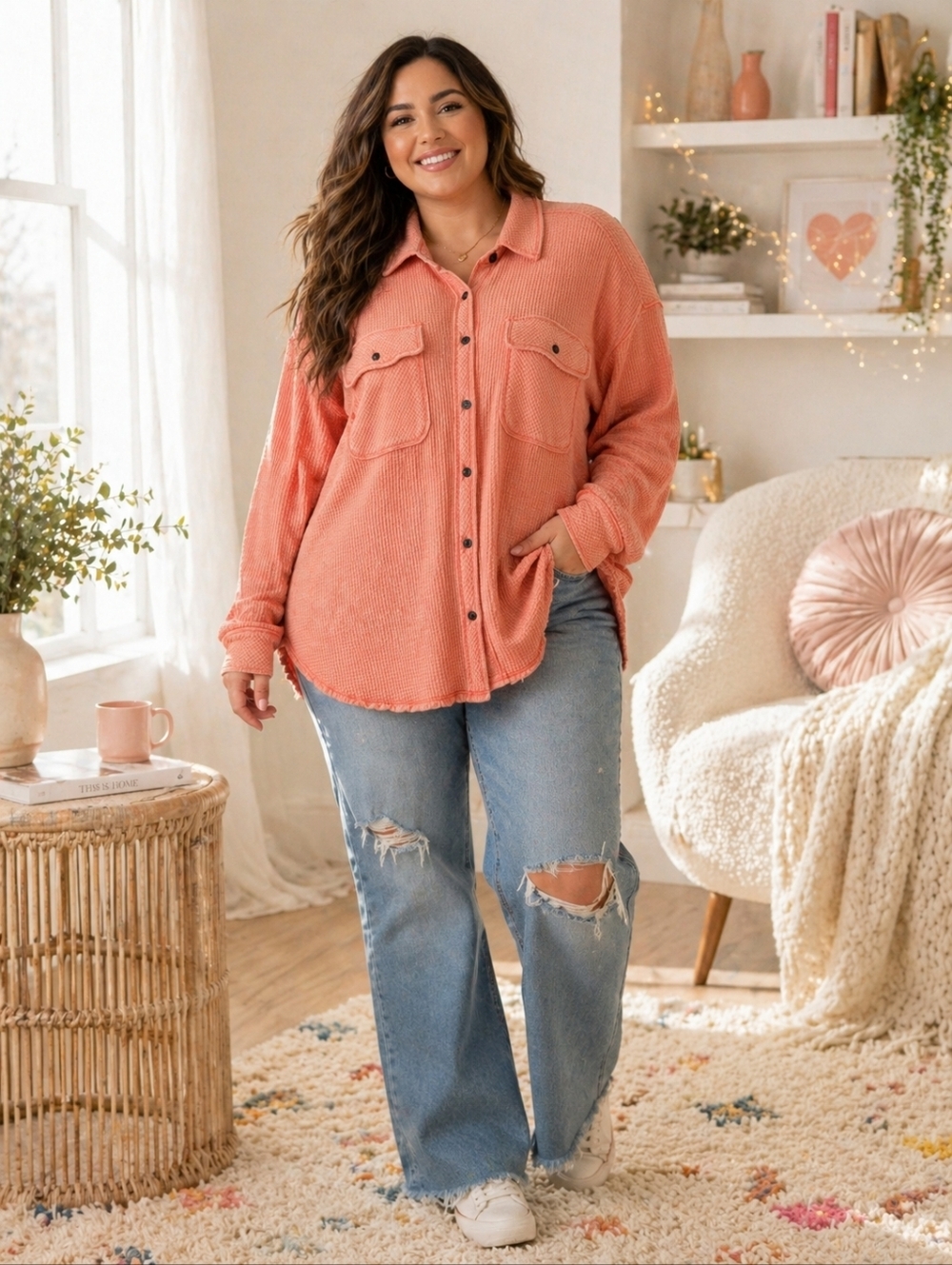 Aerie Coral Waffle Knit Oversized Button-Up Shirt Size L